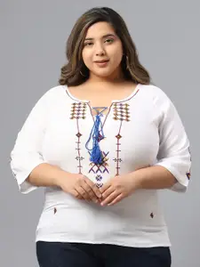 SAAKAA Plus Size Geometric Embroidered Tie-Up Neck Cotton Top
