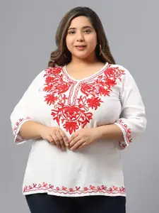 SAAKAA Plus Size Floral Embroidered V-Neck Cotton Top
