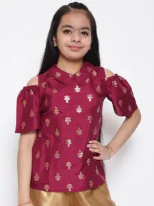 Aks Kids Girls Ethnic Motifs Printed Shirt Collar Cold-Shoulder Regular Top