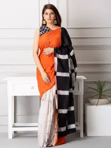 KIAARON Checked Pure Cotton Half and Half Block Print Saree