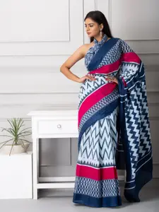 KIAARON Geometric Pure Cotton Block Print Saree