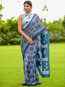 KIAARON Floral Printed Pure Cotton Block Print Saree
