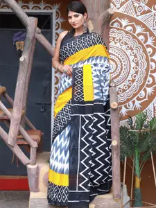 KIAARON Geometric Pure Cotton Block Print Saree