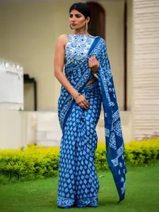 KIAARON Floral Printed Pure Cotton Block Print Saree