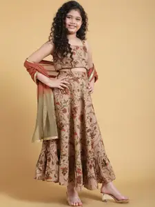 Aks Kids Girls Floral Printed Cotton Ready To Wear Lehenga & Blouse With Dupatta