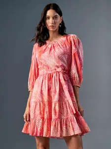 AND Floral Printed Round Neck Puff Sleeve Fit & Flare Dress