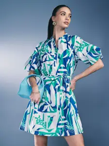 AND Mandarin Collar Puff Sleeves Tropical Print Blouson Cotton Dress