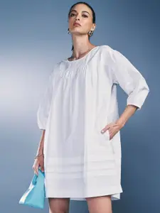 AND Round Neck Three Quarter Puff Sleeves A-Line Cotton Dress