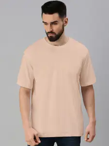 VEIRDO Beige Drop-Shoulder Sleeves Pure Cotton Oversized T-shirt