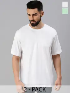 VEIRDO Pack of 2 White & Green Drop-Shoulder Sleeves Pure Cotton Oversized T-shirts