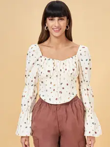 People Off White Conversational Printed Sweetheart Neck Bell Sleeve Crop Top