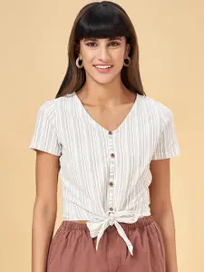 People Vertical Striped V-Neck Tie-Ups Detail Cotton Top