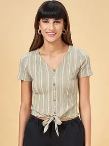 People Olive Green Striped V-Neck Cotton Crop Top