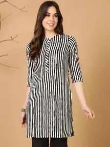 antaran Striped Roll-Up Sleeves Mandarin Collar Cotton Kurta