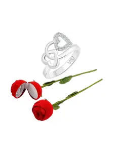 Vighnaharta Rhodium-Plated CZ-Studded Finger Ring With Rose Box