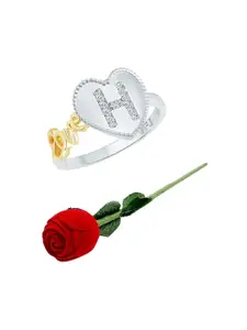 Vighnaharta Rhodium-Plated CZ-Studded & Alphabet H Details Finger Ring With Rose Box