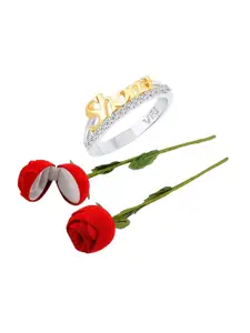 Vighnaharta Rhodium-Plated CZ-Studded Finger Ring With Rose Box
