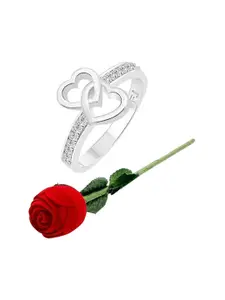 Vighnaharta Rhodium-Plated CZ-Studded Finger Ring With Rose Box