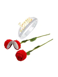 Vighnaharta Rhodium-Plated CZ-Studded Finger Ring With Rose Box