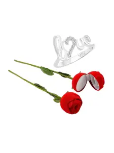 Vighnaharta Rhodium-Plated CZ-Studded Finger Ring With Rose Box