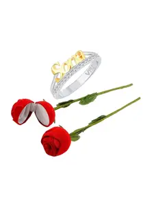 Vighnaharta Rhodium-Plated CZ-Studded Finger Ring With Rose Box