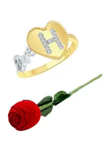 Vighnaharta Gold-Plated CZ-Studded & Alphabet H Details Finger Ring With Rose Box