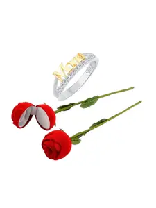 Vighnaharta Rhodium-Plated CZ-Studded Finger Ring With Rose Box