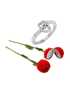 Vighnaharta Rhodium-Plated CZ-Studded Finger Ring With Rose Box
