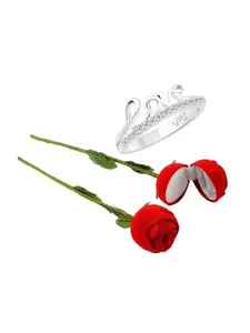 Vighnaharta Rhodium-Plated CZ-Studded Finger Ring With Rose Box
