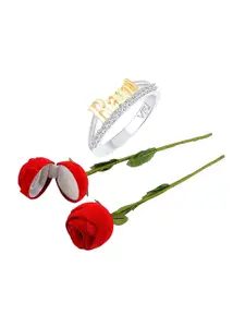 Vighnaharta Rhodium-Plated CZ-Studded Finger Ring With Rose Box
