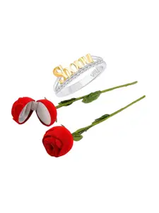 Vighnaharta Rhodium-Plated CZ-Studded Finger Ring With Rose Box