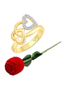 Vighnaharta Gold-Plated CZ-Studded Finger Ring With Rose Box