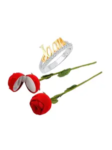 Vighnaharta Rhodium-Plated CZ-Studded Finger Ring With Rose Box