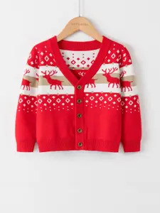 StyleCast Boys Red Graphic Self Design Cardigan Sweater