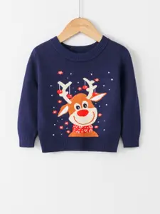 StyleCast Girls Navy Blue Graphic Printed Pullover Sweater