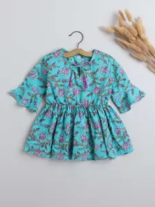 The Magic Wand Girls Floral Printed Tie-Up Neck Bell Sleeve Cotton Peplum Top