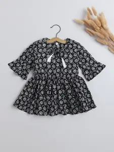 The Magic Wand Girls Floral Printed Tie-Up Neck Bell Sleeve Cotton Peplum Top