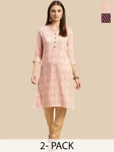 Rangita Selection Of 2 Ethnic Motifs Printed Round Neck Straight Kurtas