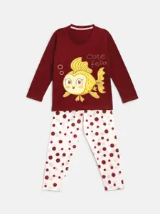 HERE&NOW Maroon Girls Fish Printed Cotton Night Suits