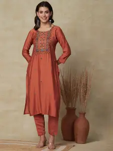 FASHOR Floral Embroidered Sequined Straight Kurta