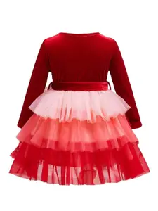 BAESD Girls Colourblocked Round Neck Layered Net Fit & Flare Dress