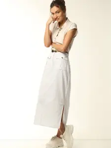 Vero Moda Side Slit Linen Cotton Straight Midi Skirt