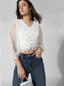 ONLY Self Design Puff Sleeves Gathered Ruffled Crop Top