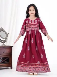 HEERAJI Round Neck Ethnic Printed Flared Maxi Dress