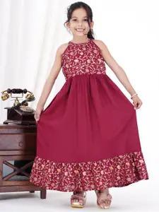 HEERAJI Round Neck Floral Printed Sleeveless Flared Maxi Dress