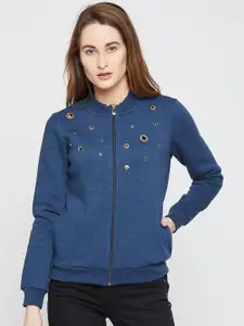 Marie Claire Blue Mock Collar Fleece Front-Open Sweatshirt