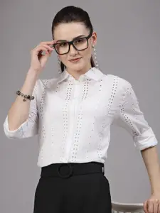Style Quotient White Relaxed Fit Self Design Cotton Longline Casual Shirt