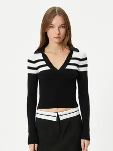 Koton Striped V-Neck Long Sleeves Crop Pullover Sweater