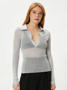 Koton Open Knit Shirt Collar Long Sleeves Pullover Sweater