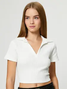 Koton Vertical Striped Spread Collar Crop Top